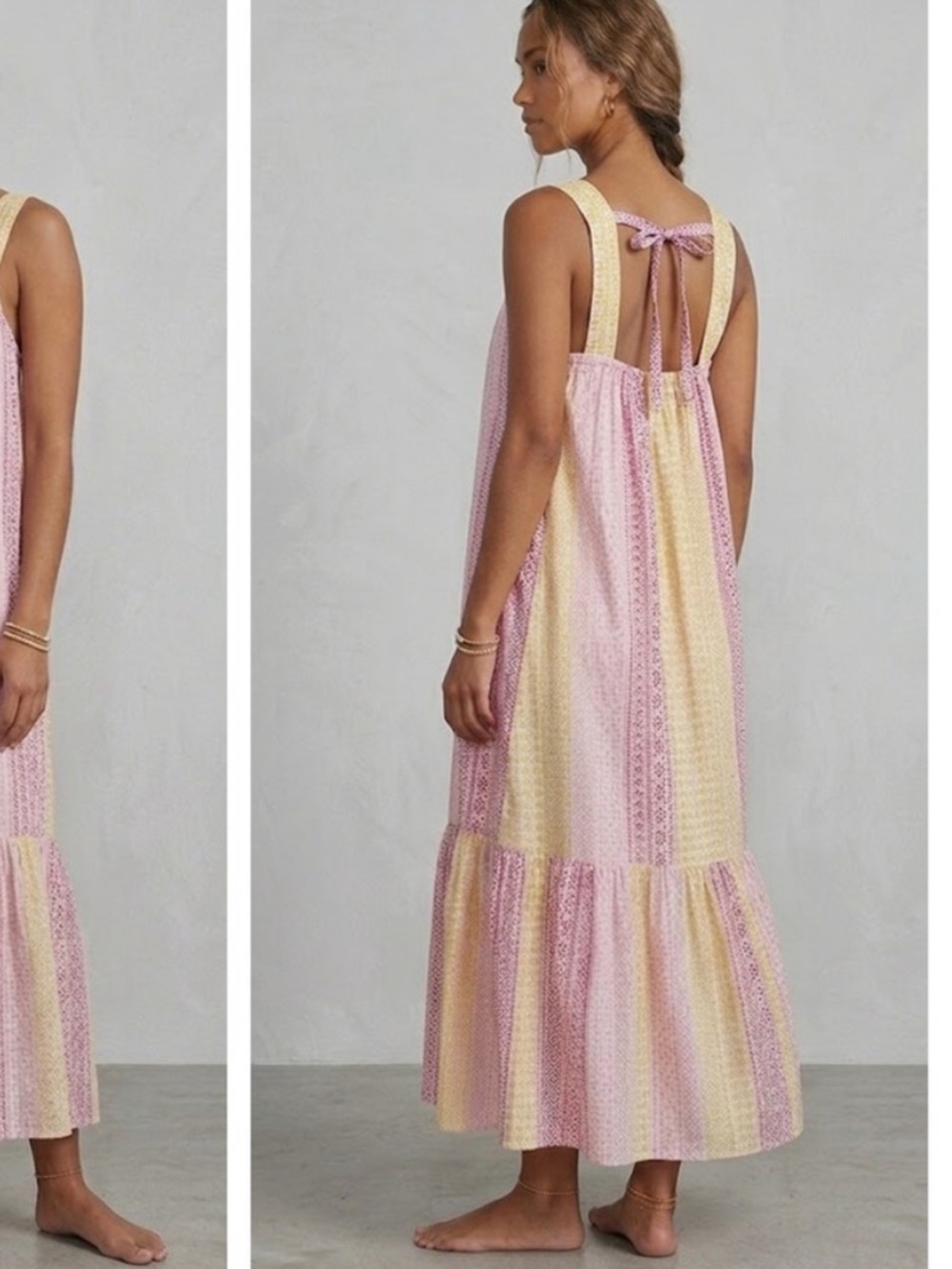 Ro's Garden Bimba Cotton Block Print Tiered Maxi Dress Tie Back Pink Yellow L